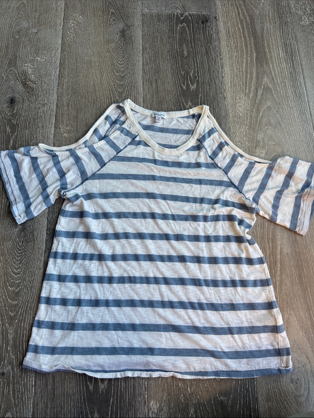 Splendid Blue and White Striped Cold-Shoulder Short Sleeve Tee AZ0708